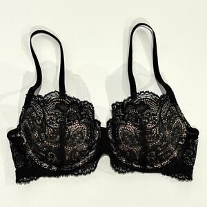 ThirdLove Balconette Bra 32C 1/2 Black Nude Lace Underwire Padded Gold Sexy EUC